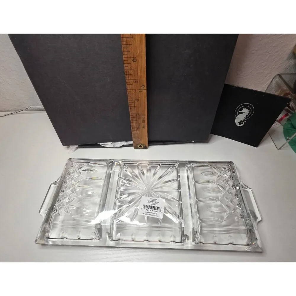 New Waterford Crystal Lismore 3-Part Handled Serving Tray with Box